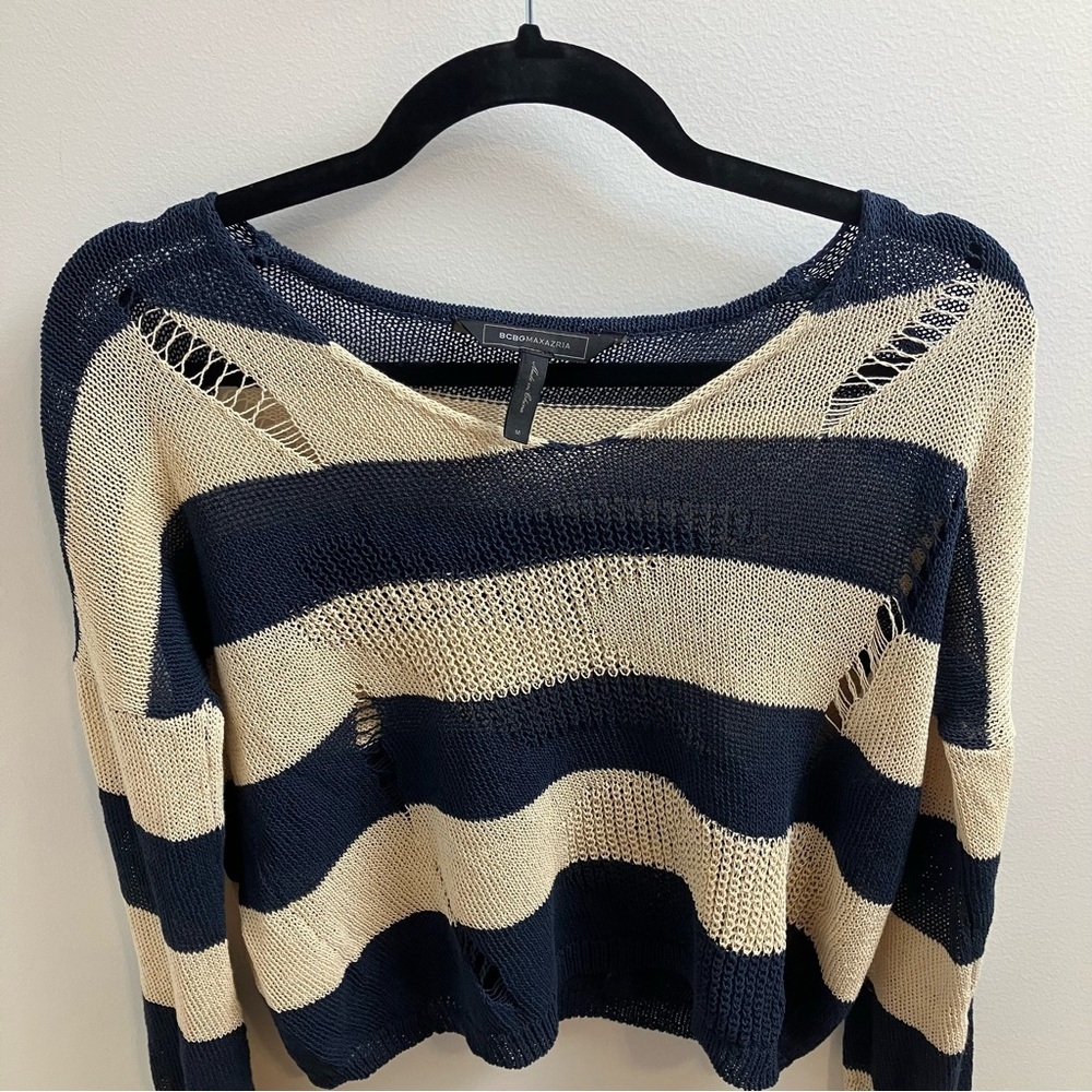 BCBGMaxAzria Navy and Cream Striped Open Knit Sweater